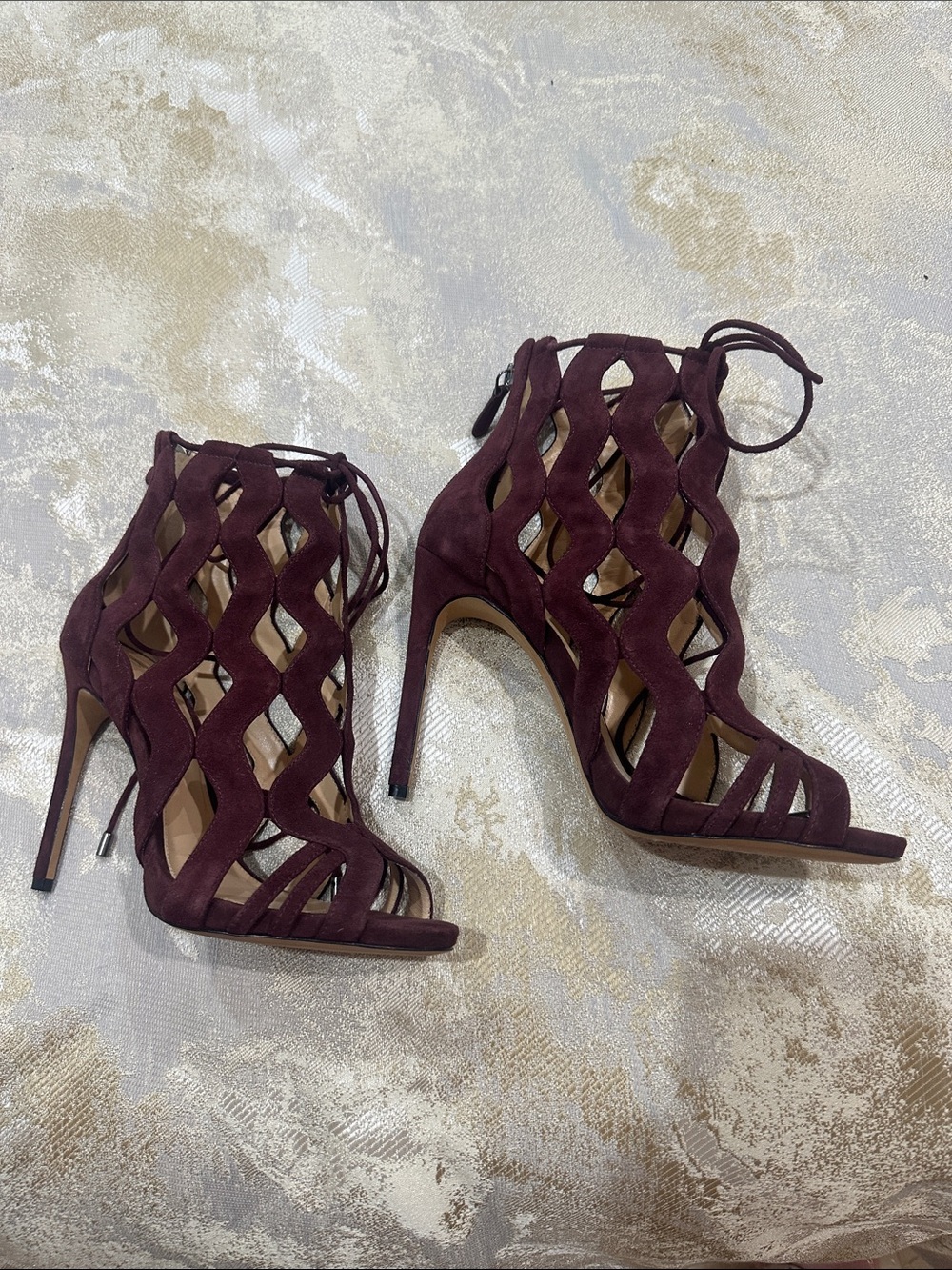 Alexandre Birman Burgundy Suede Cutout Lace-Up High Heel Sandals